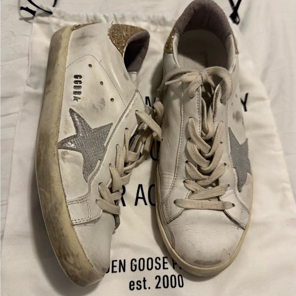 Golden Goose White Sneakers with Silver and Gold Accents